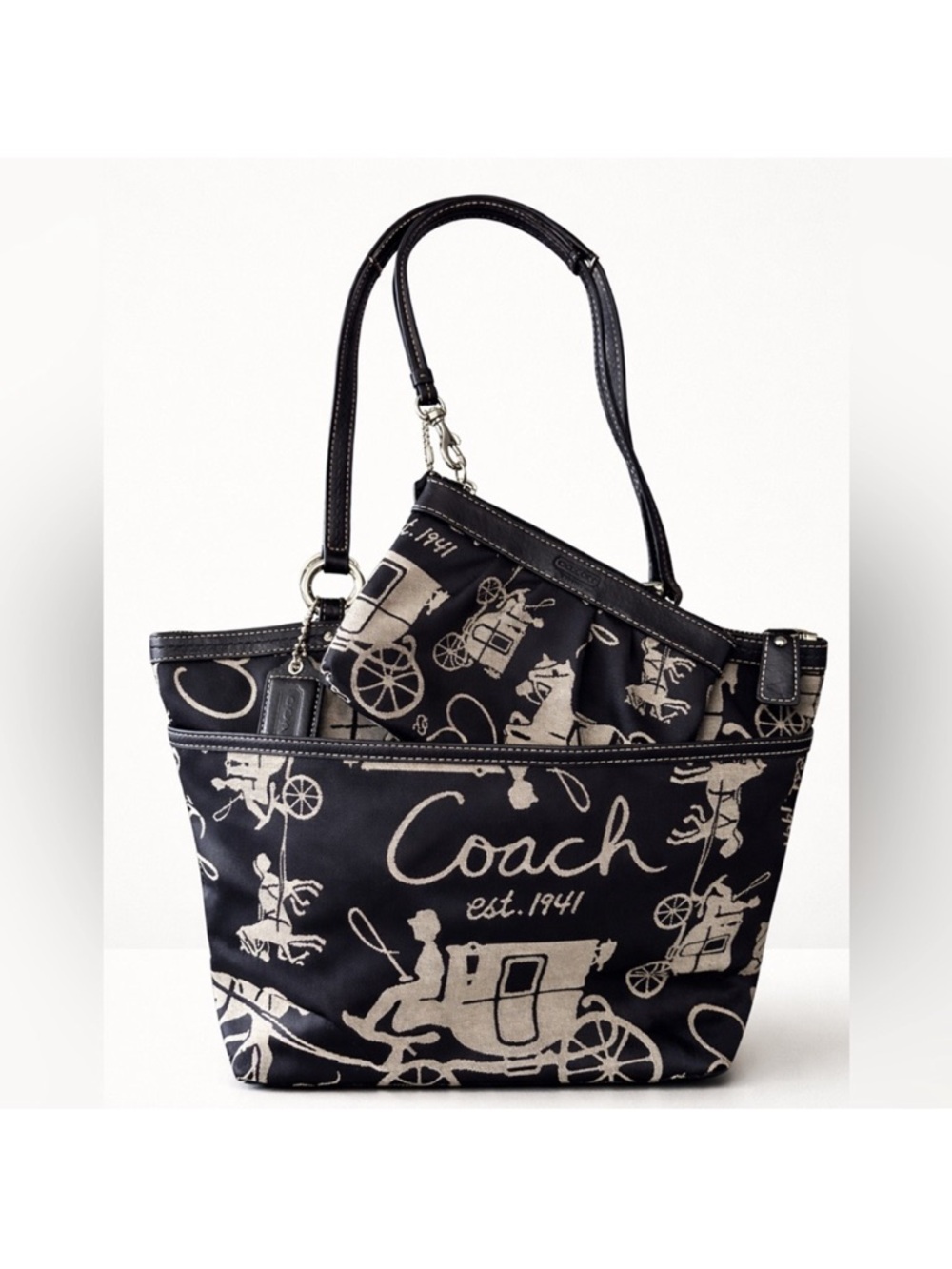 Coach Black and Cream Signature Horse & Carriage Tote with Wristlet, 2 Piece Set - Picture 14 of 14